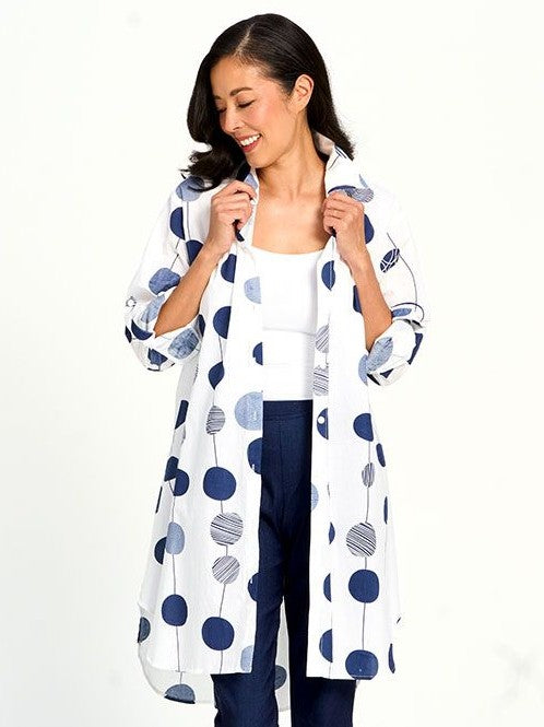 Multi Circle Cotton Button Front Tunic by Red Coral in white with blue circular patterns, styled as a lightweight outerwear top.
