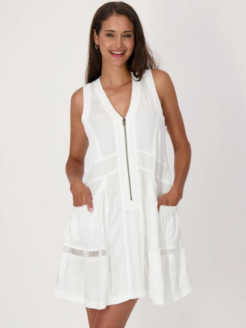 Spanner Gabby Tiered Mesh Insert Sleeveless Dress in white with front zipper and mesh detailing by Spanner