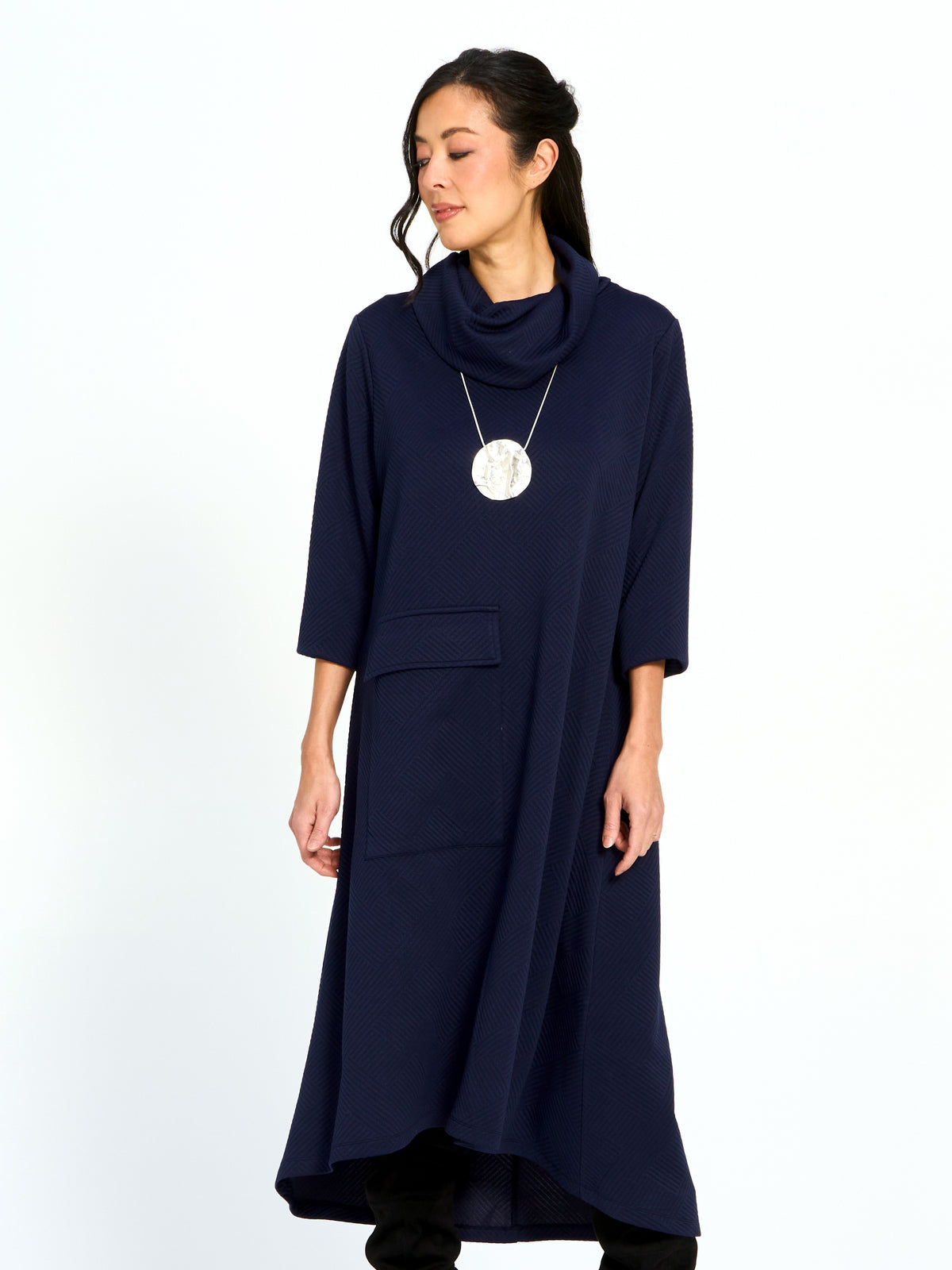Otto Textured Cowl Neck 3/4 Sleeve Pocket Midi Dress