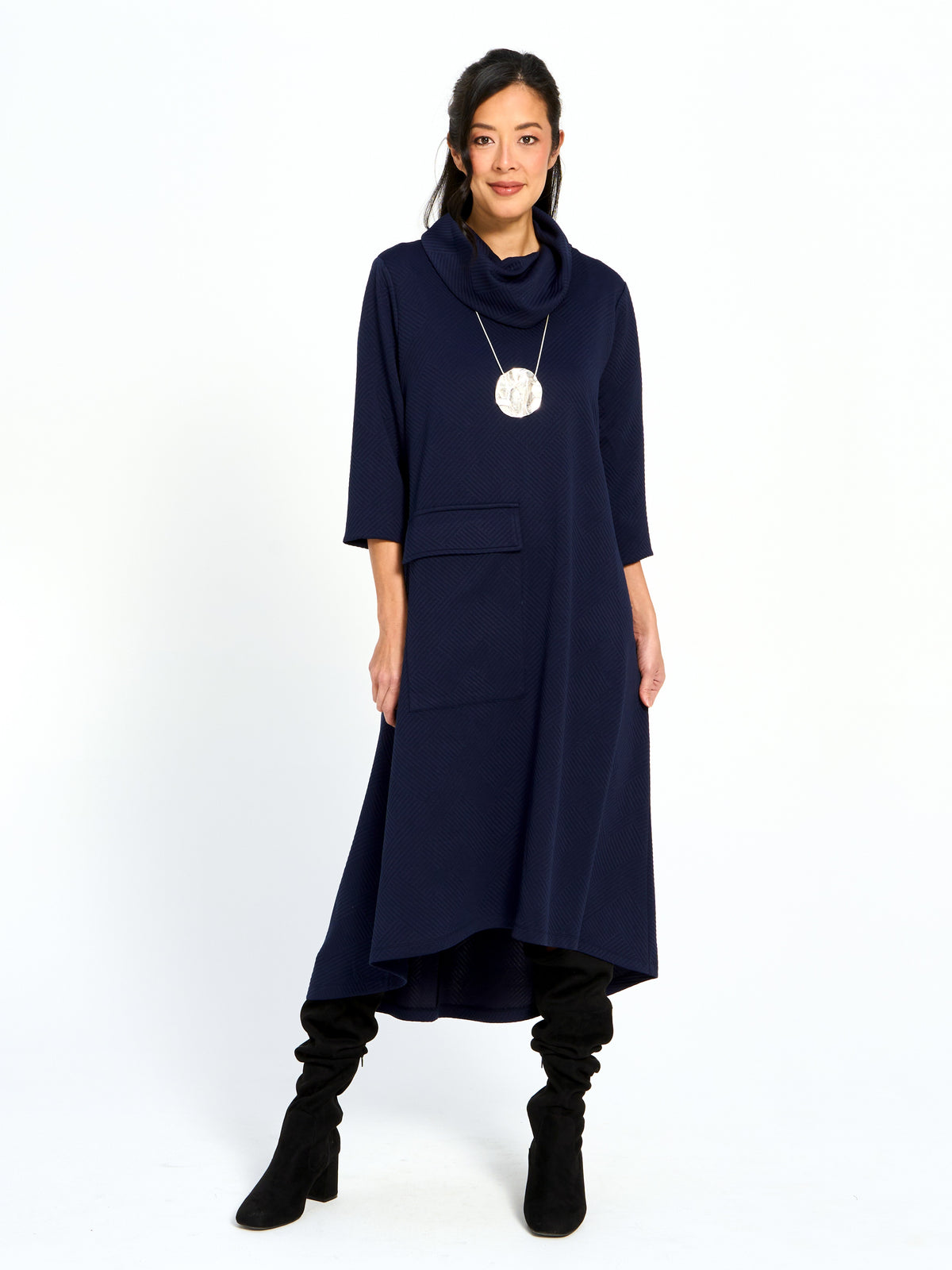 Otto Textured Cowl Neck 3/4 Sleeve Pocket Midi Dress