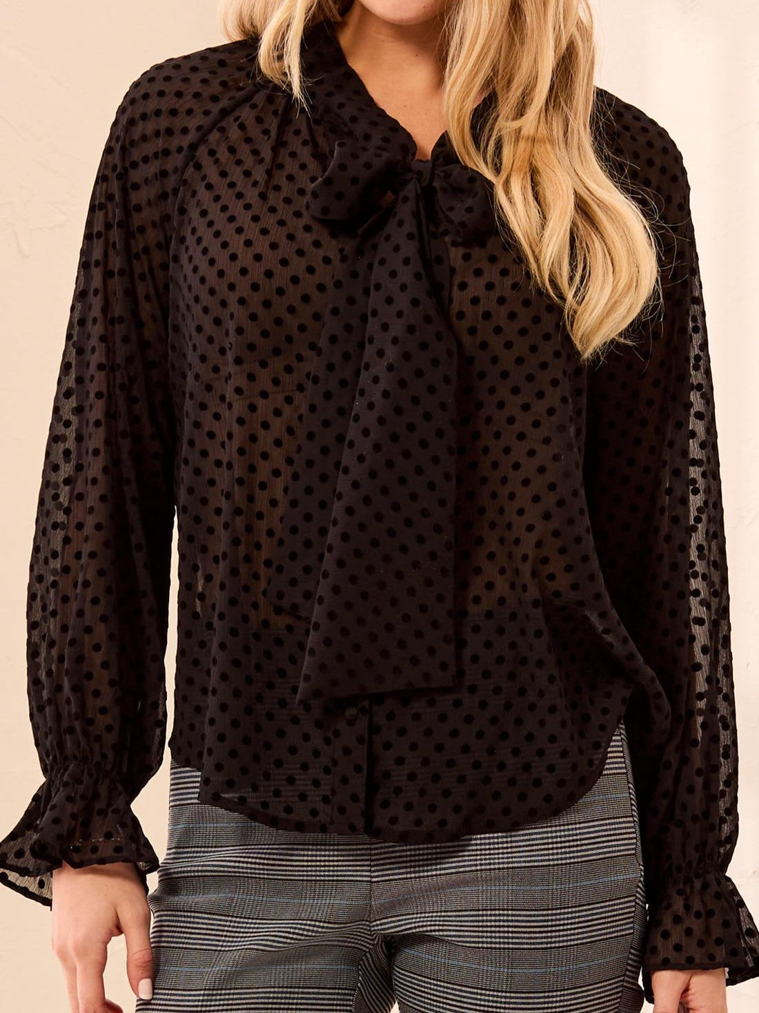 Tribal Swiss Dot Long Sleeve Tie Blouse