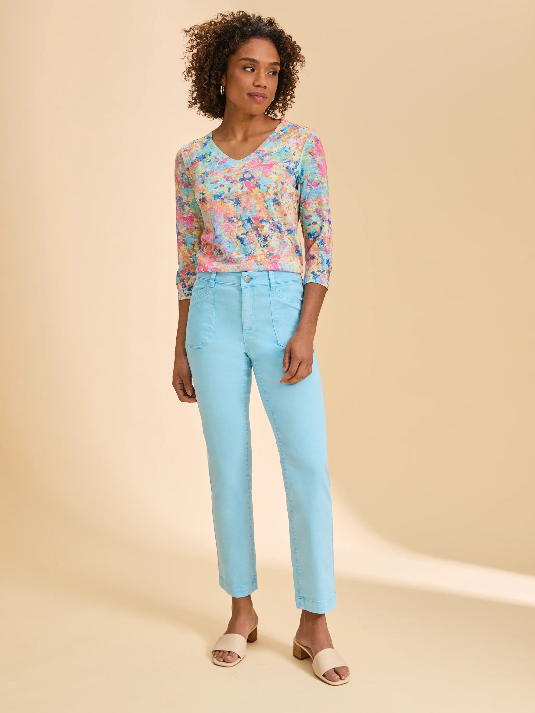 FDJ Sparkles Floral V-Neck 3/4 Sleeve Top