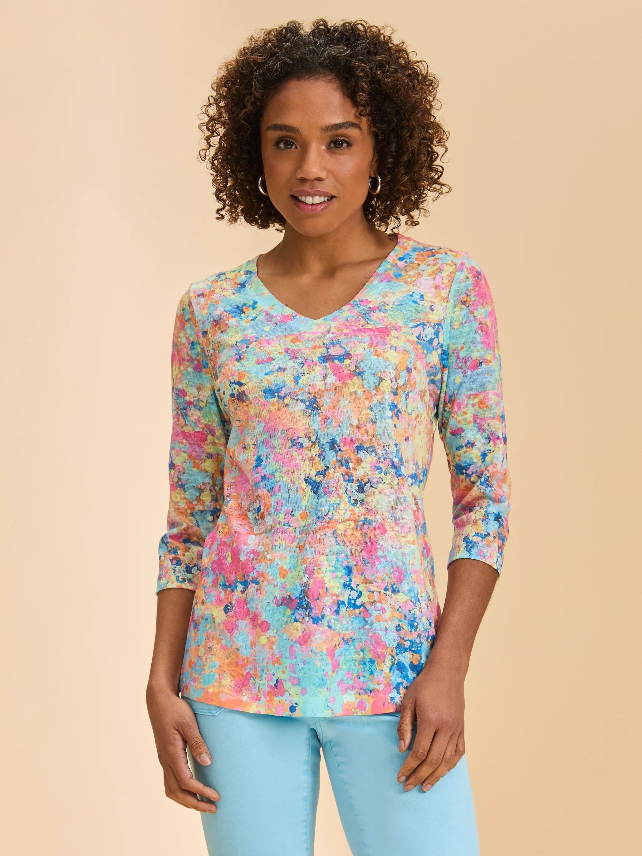 FDJ Sparkles Floral V-Neck 3/4 Sleeve Top