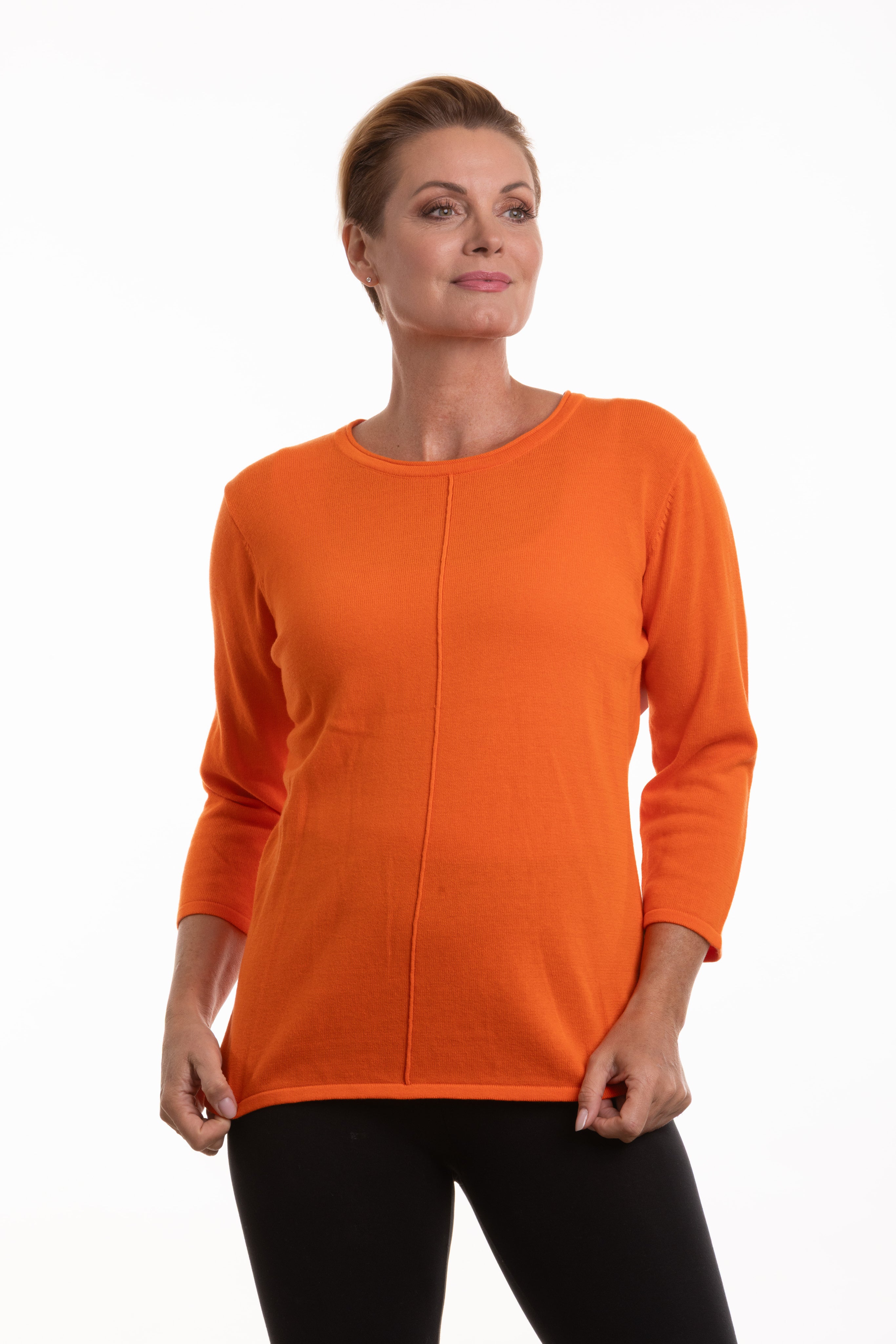 Orange Front Seam Crew Neck Long Sleeve Sweater from Nulook Fashions, lightweight knit with center seam detail