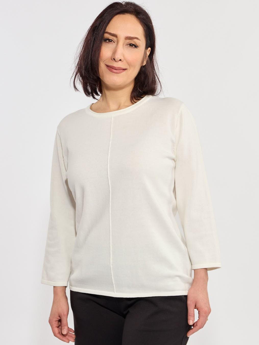 Front Seam Crew Neck Long Sleeve Sweater in white by Nulook Fashions, a versatile knit top for layering and comfort.