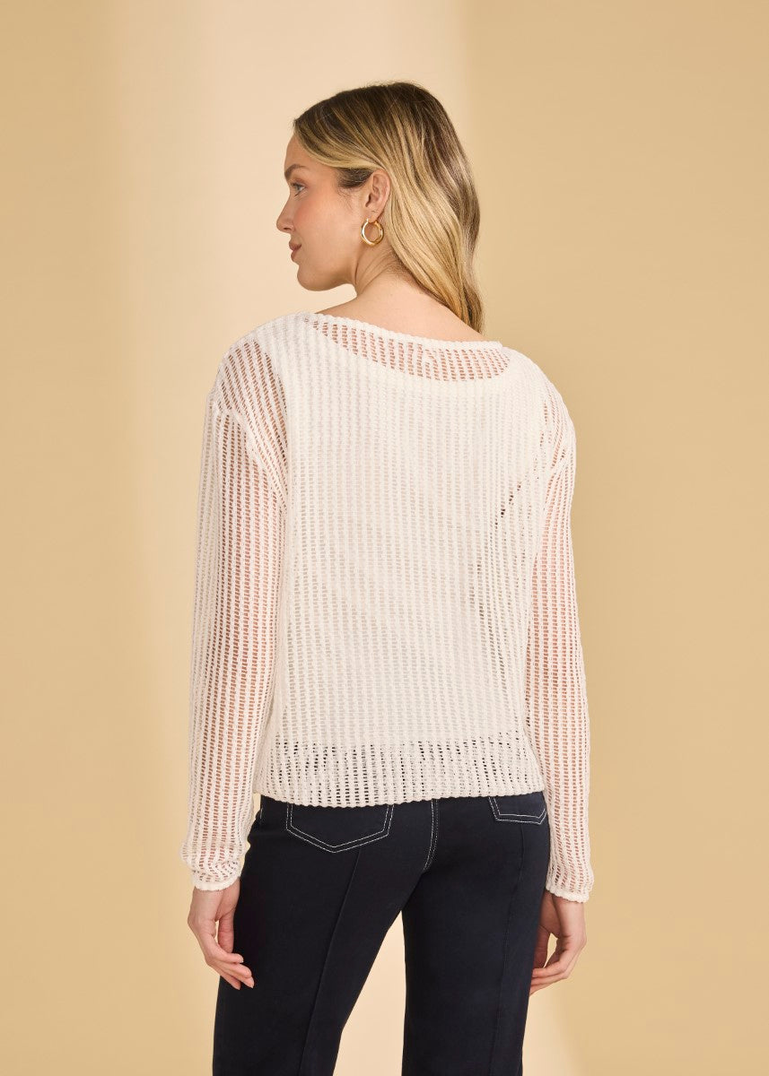 Back view of FDJ Mesh Knit Bubble Top by French Dressing in white knit featuring a lightweight, airy design and long sleeves.