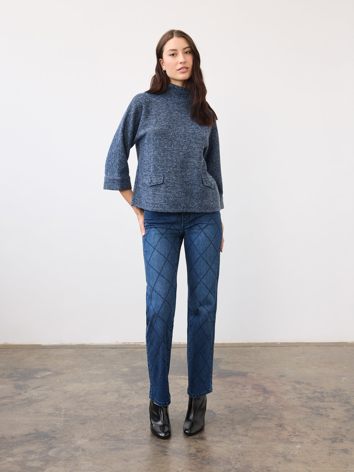 FDJ Tweed Mock Neck 3/4 Sleeve Top