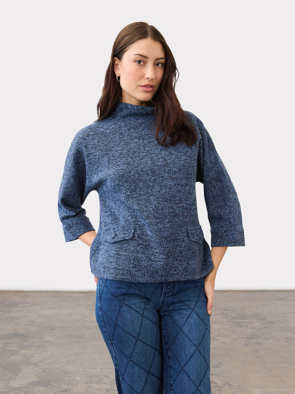 FDJ Tweed Mock Neck 3/4 Sleeve Top