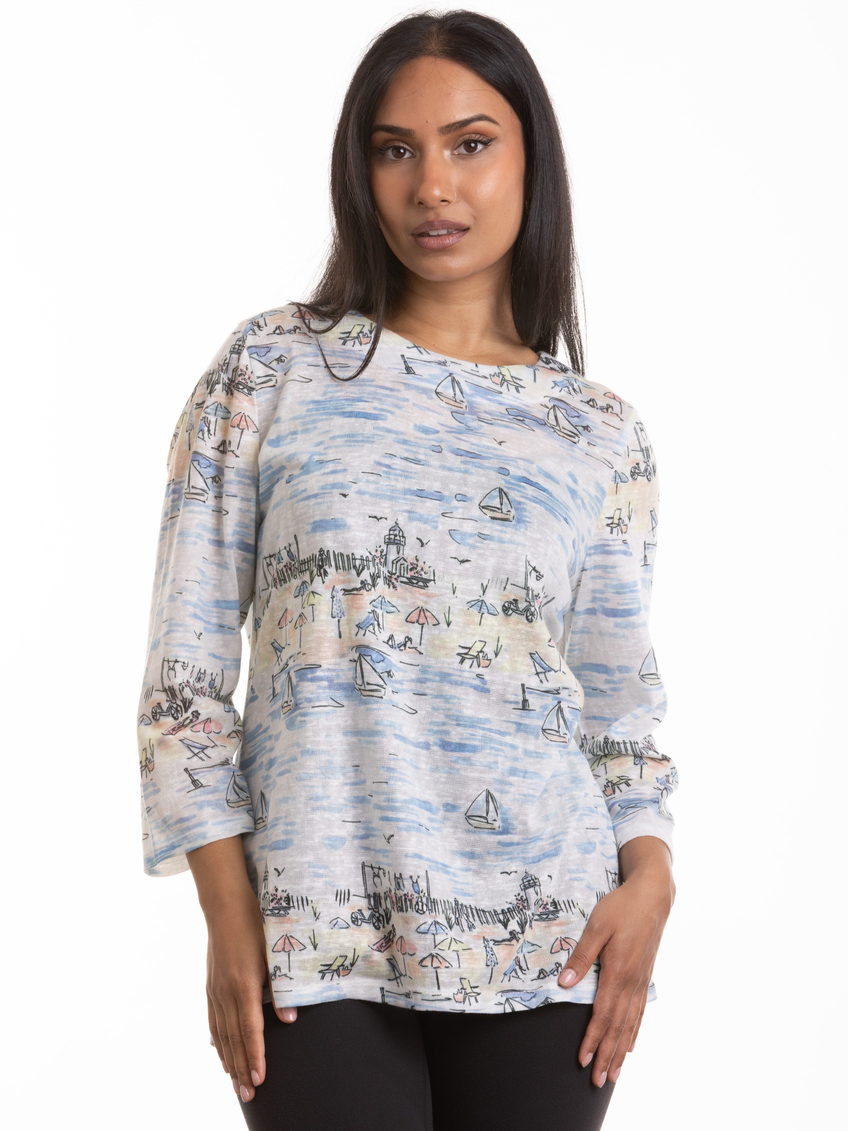 On the Italian Beach Long Sleeve Printed Top by Nulook Fashions, featuring a detailed beach and sailboat pattern.