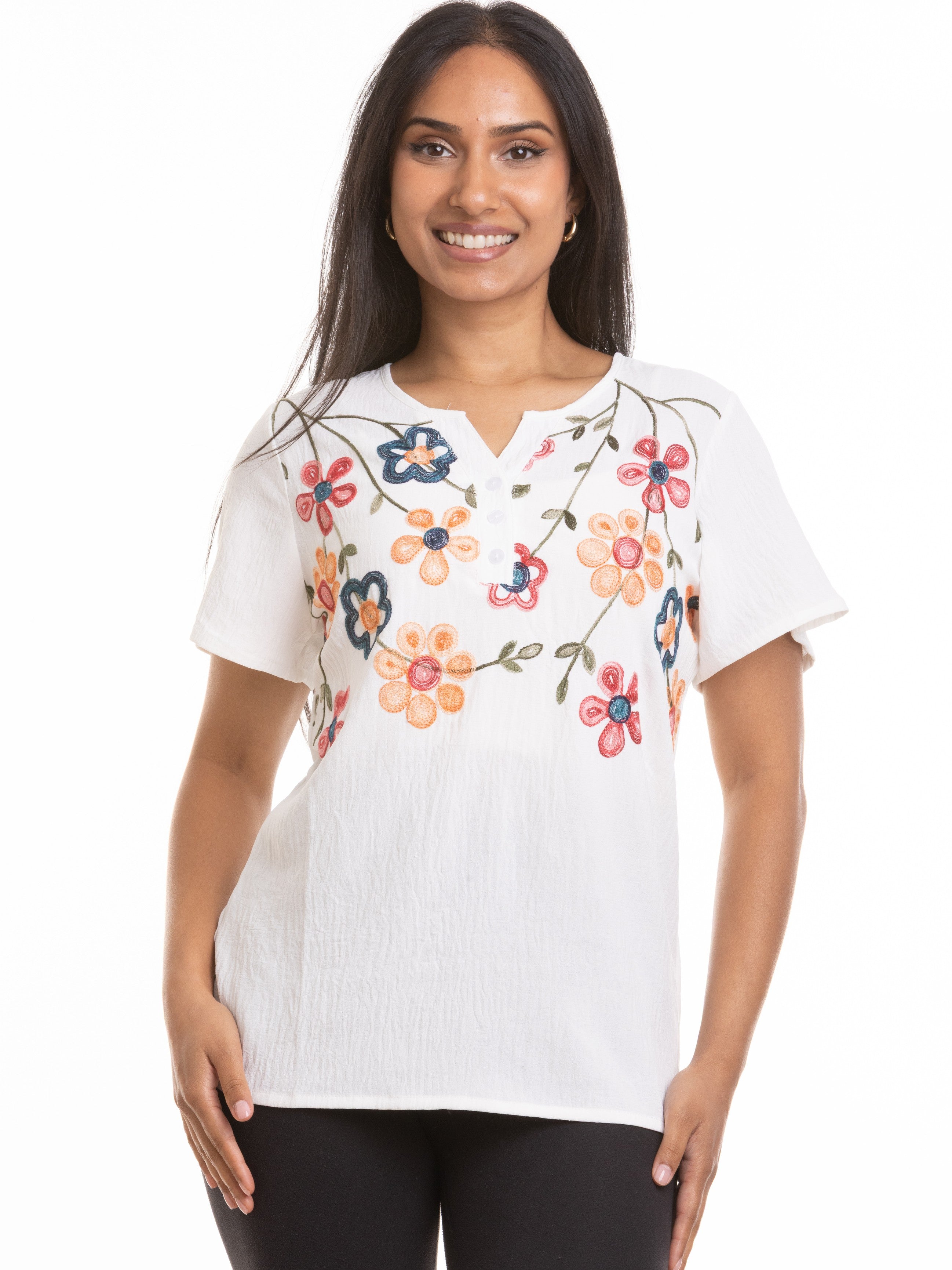 White Flower Stitch Short Sleeve Johnny Collar Top by Nulook Fashions with colorful floral embroidery and textured fabric