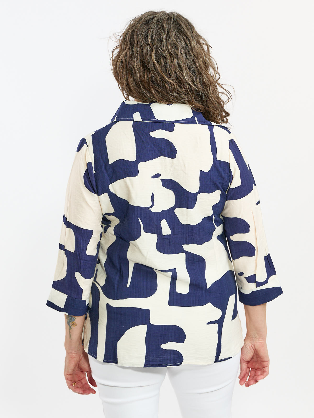 Cobblestone Front Button Shirt by Nulook Fashions in abstract navy and cream pattern, long sleeves, back view.