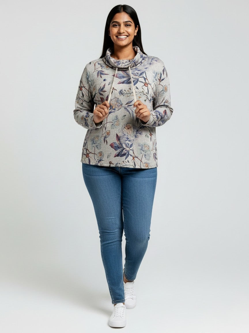 Hacci Floral Tie Cowl Neck Long Sleeve Top