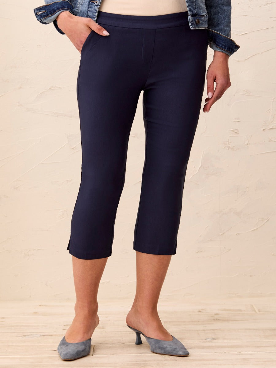 Tribal Flatten It® Slimming 22" Capri Pants in navy, styled with denim jacket by Tribal Sportswear Inc.