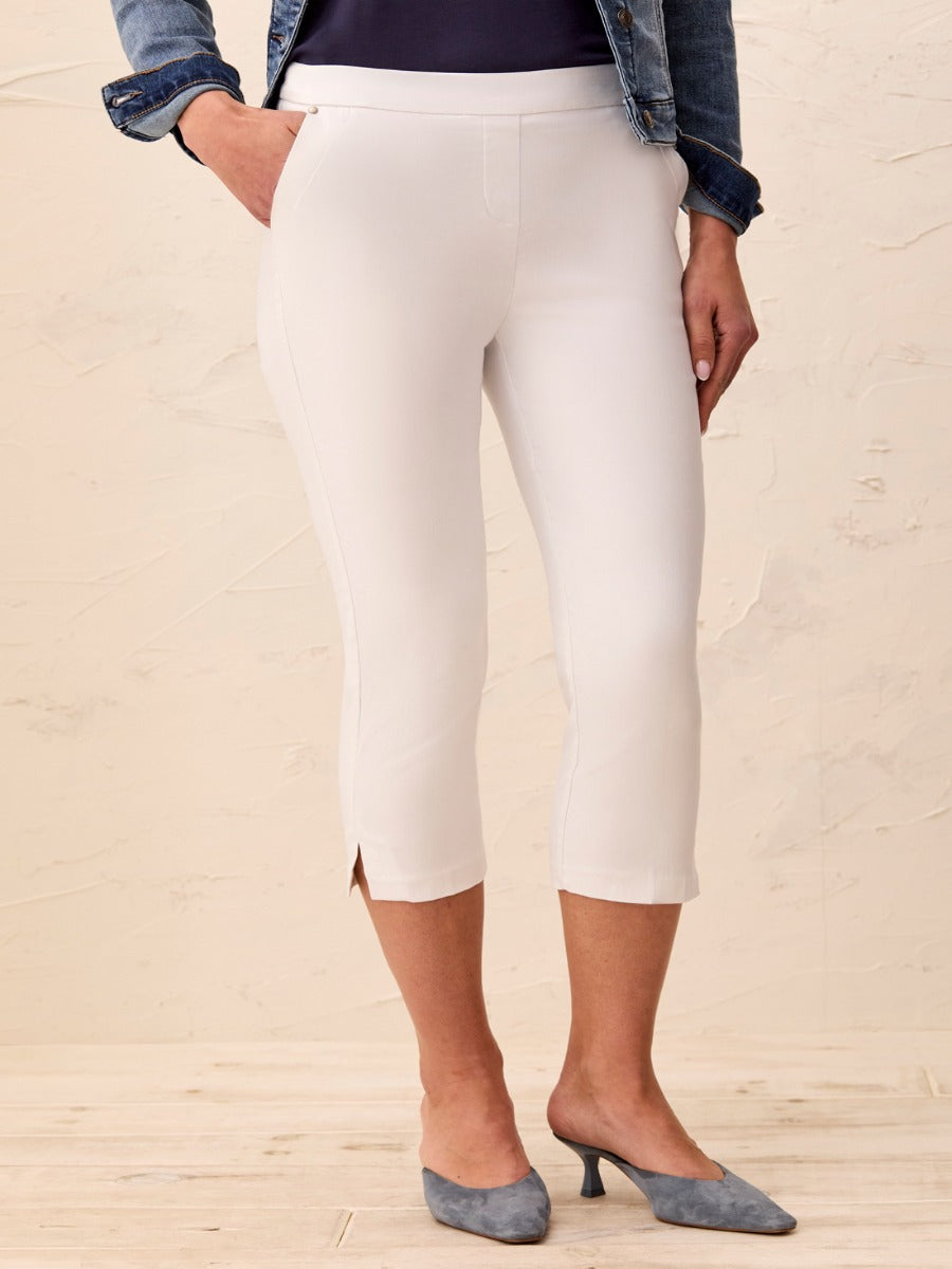Tribal Flatten It® Slimming 22" Capri Pants in white by Tribal Sportswear Inc., paired with denim jacket and heels.