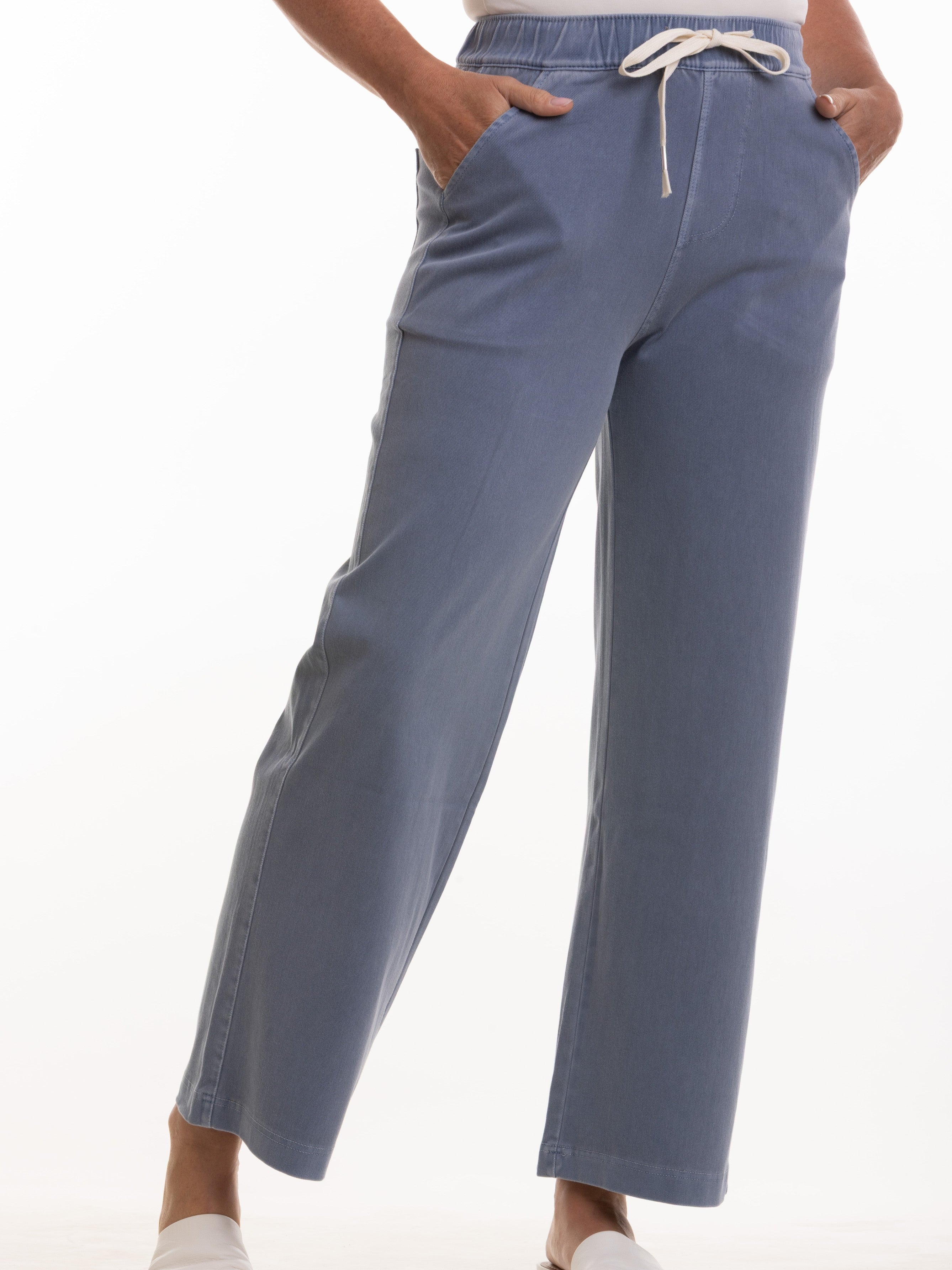 Scout Tie Waist Jersey Wide Leg Pant in blue with drawstring waist and side pockets by Nulook Fashions