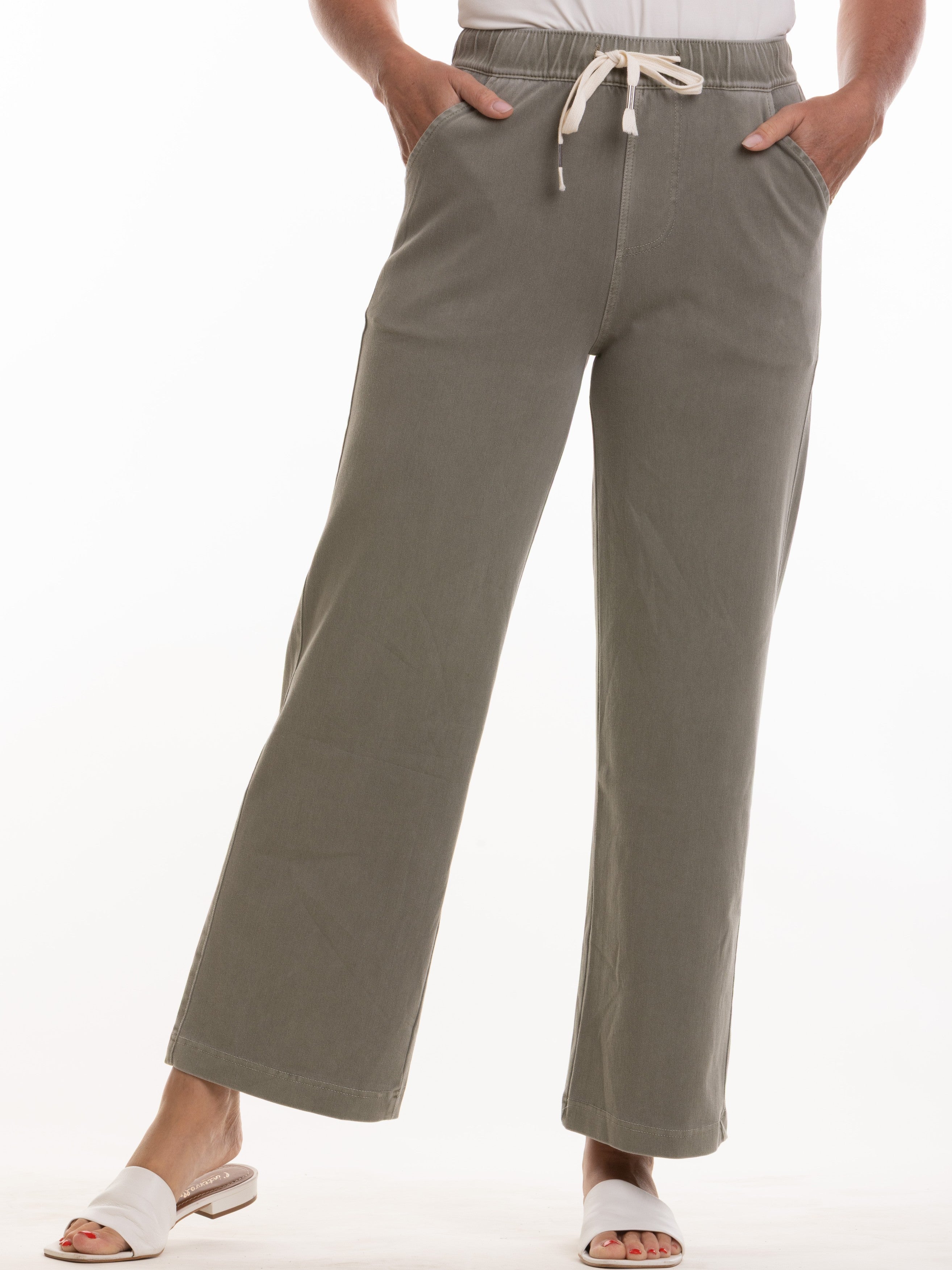 Scout Tie Waist Jersey Wide Leg Pant in olive green with drawstring and pockets by Nulook Fashions.