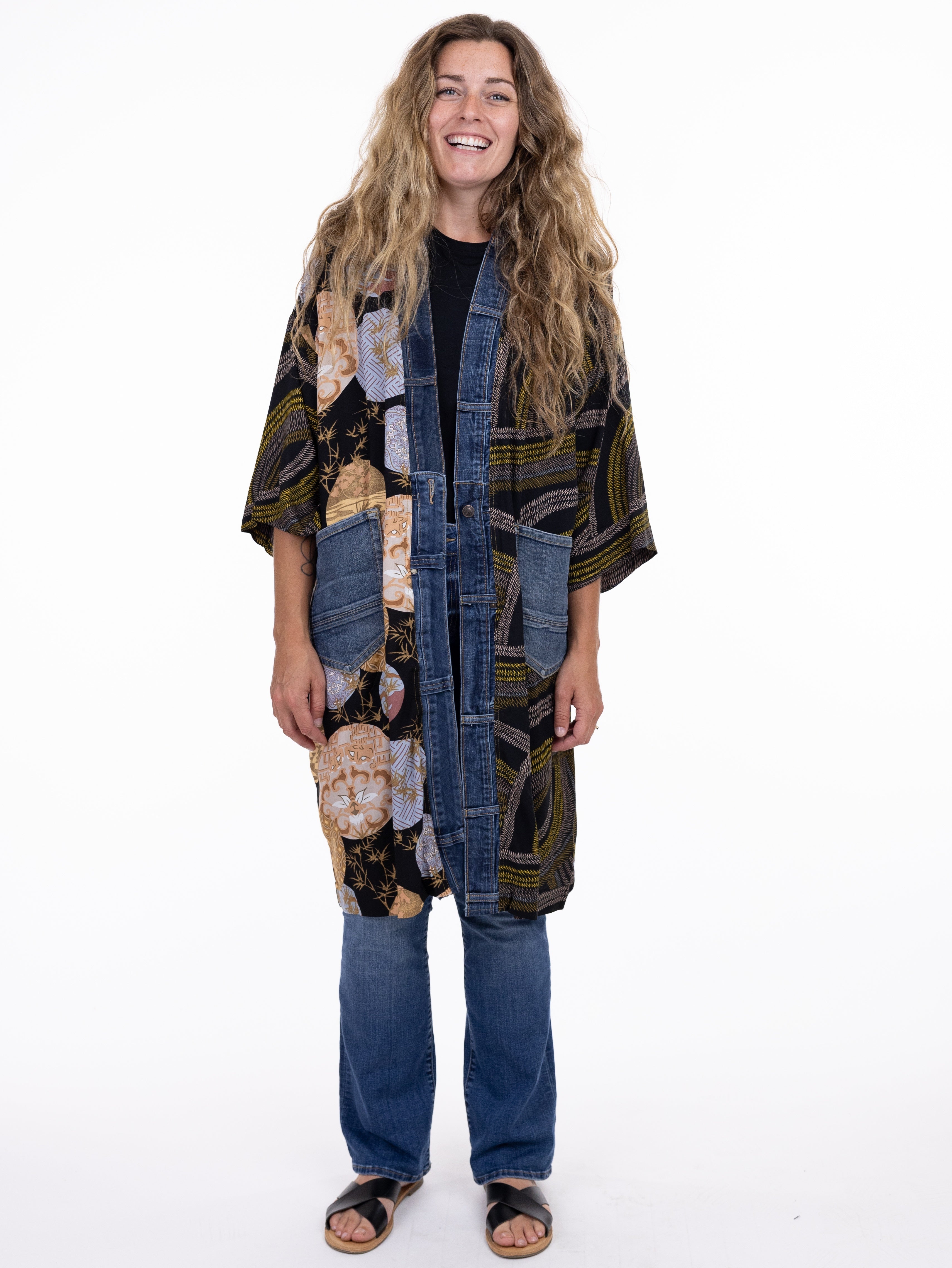 Shannon Passero Janis Denim Trim Cardigan with patchwork design and denim details by SHANNON PASSERO INC, styled with denim pants