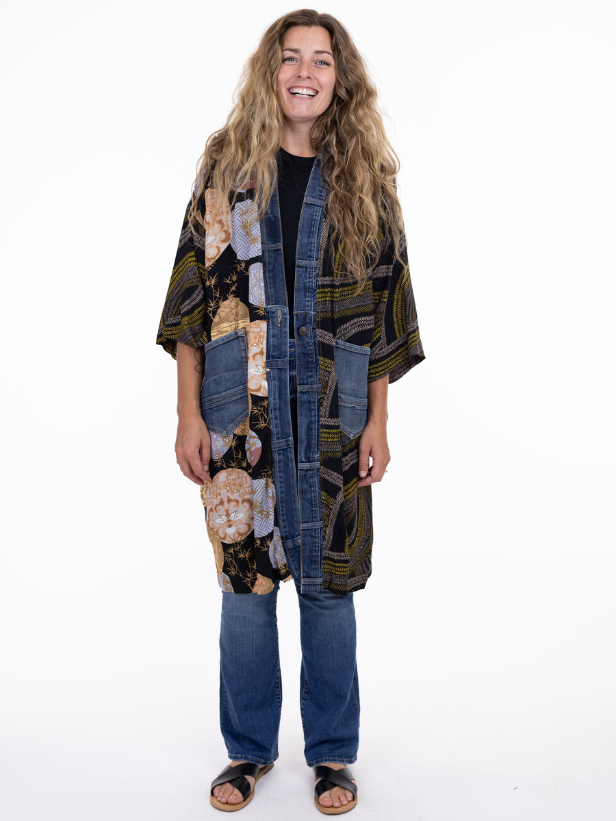 Shannon Passero Janis Denim Trim Cardigan by SHANNON PASSERO INC with mixed prints and denim details layered over casual jeans and sandals