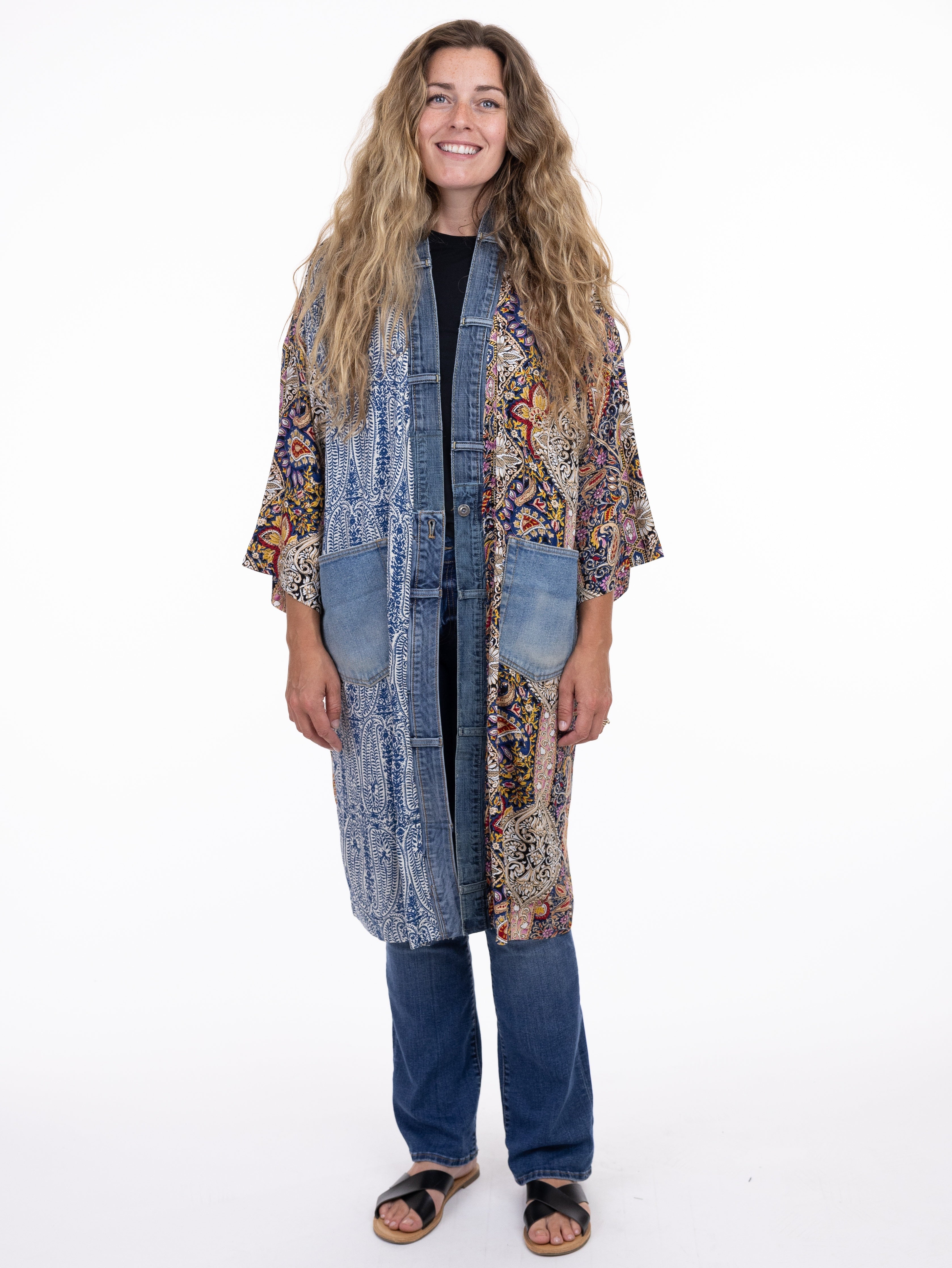 Shannon Passero Janis Denim Trim Cardigan with mixed paisley and denim patchwork by SHANNON PASSERO INC, styled with jeans and sandals