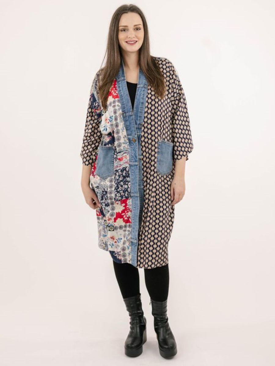 Shannon Passero Janis Denim Trim Cardigan by SHANNON PASSERO INC, patterned sweater with denim pockets and trim
