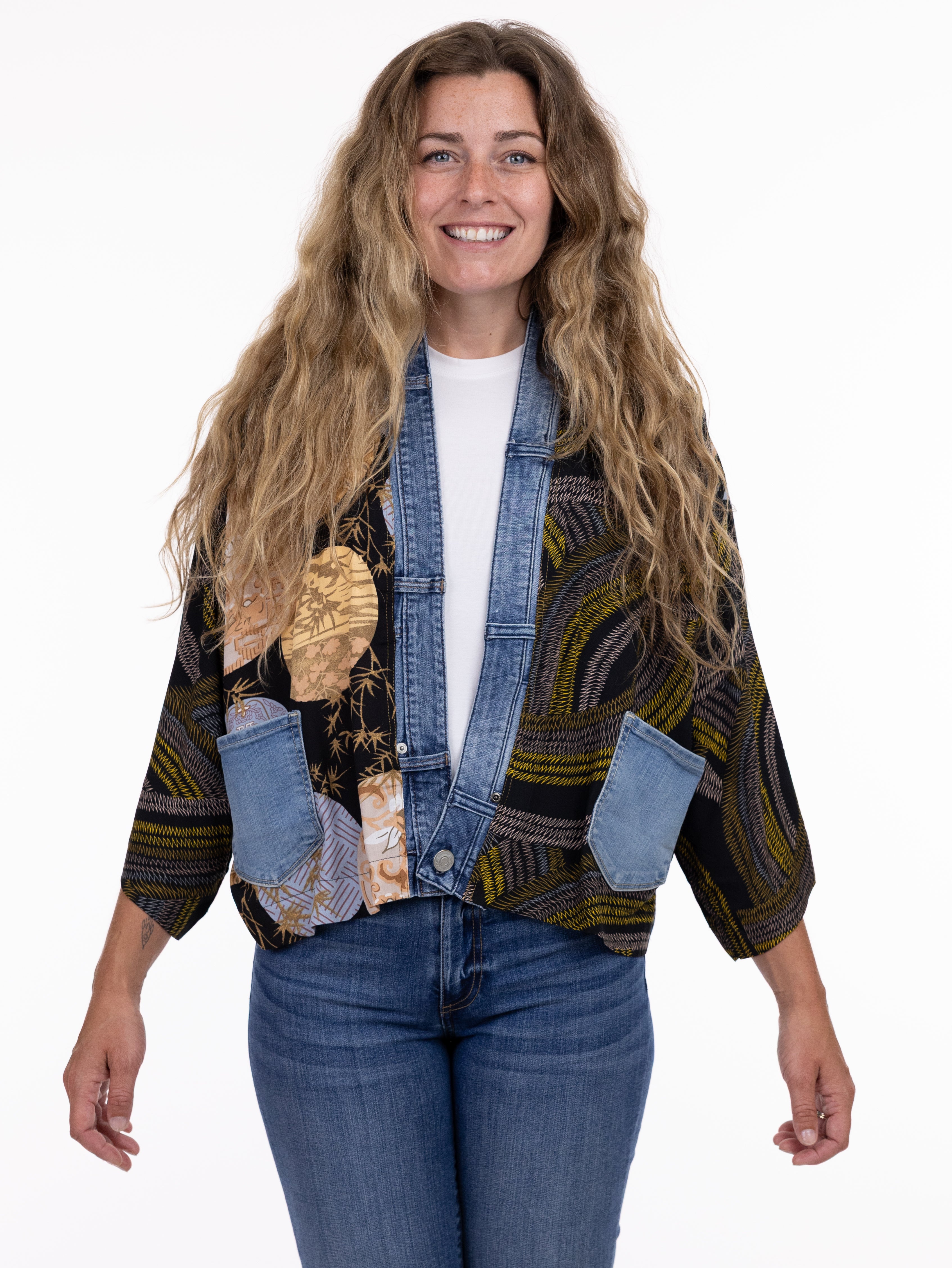 Shannon Passero Karol Paisley Denim Cardigan from SHANNON PASSERO INC featuring mixed paisley patterns and denim accents.