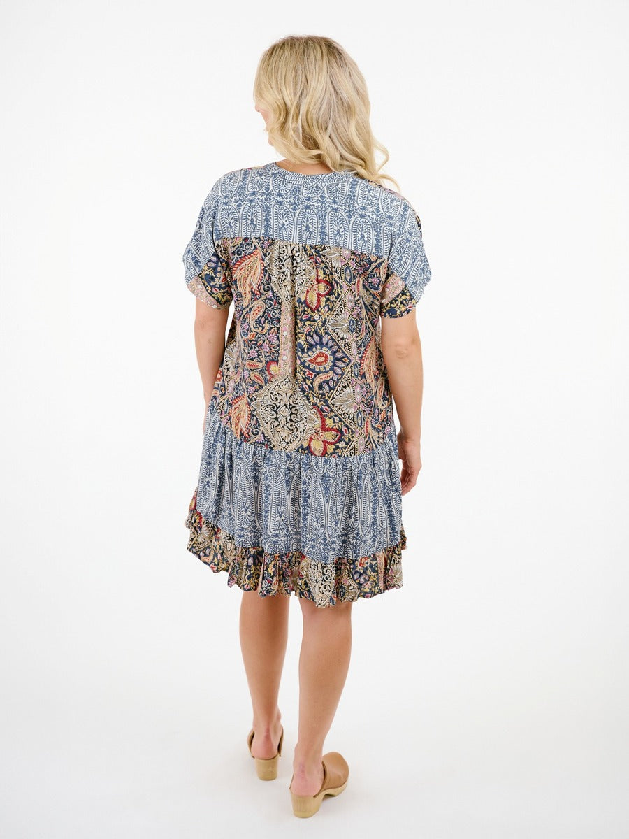 Back view of Shannon Passero Marisha Print Border Hem Short Sleeve Dress by SHANNON PASSERO INC in mixed blue and multicolor prints