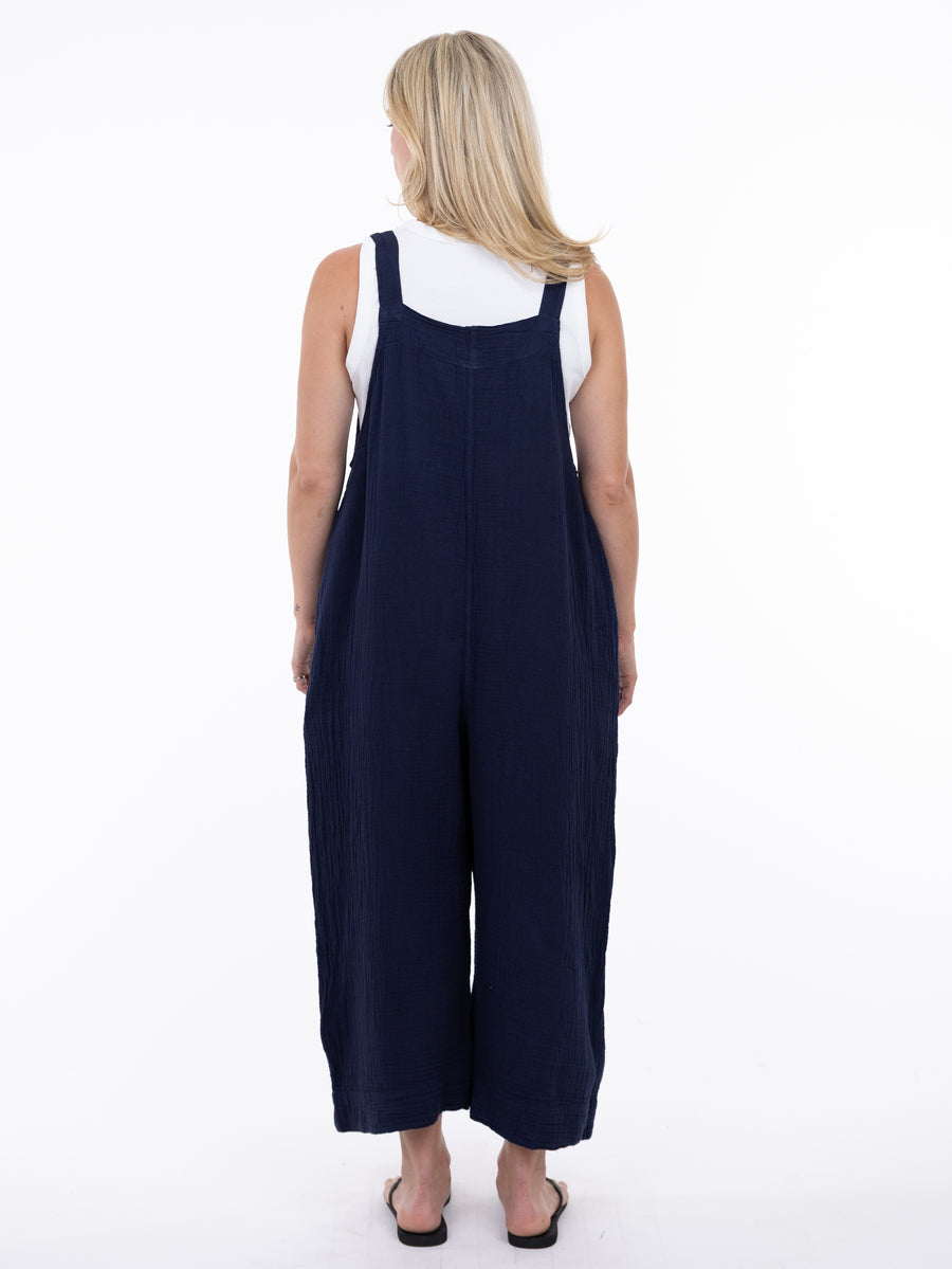 Back view of Shannon Passero Grace Cotton Gauze Pocket Overalls in navy blue by SHANNON PASSERO INC