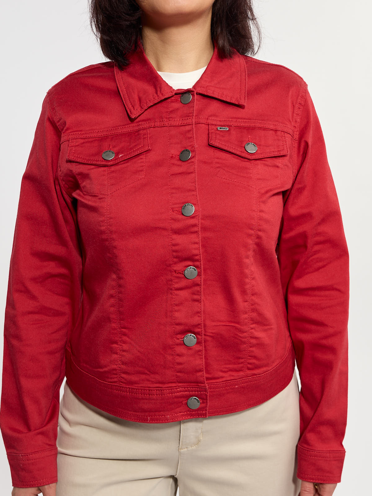 Lois Brenda Relaxed Stretch Denim Jacket in vibrant red with button front and chest flap pockets by Lois.