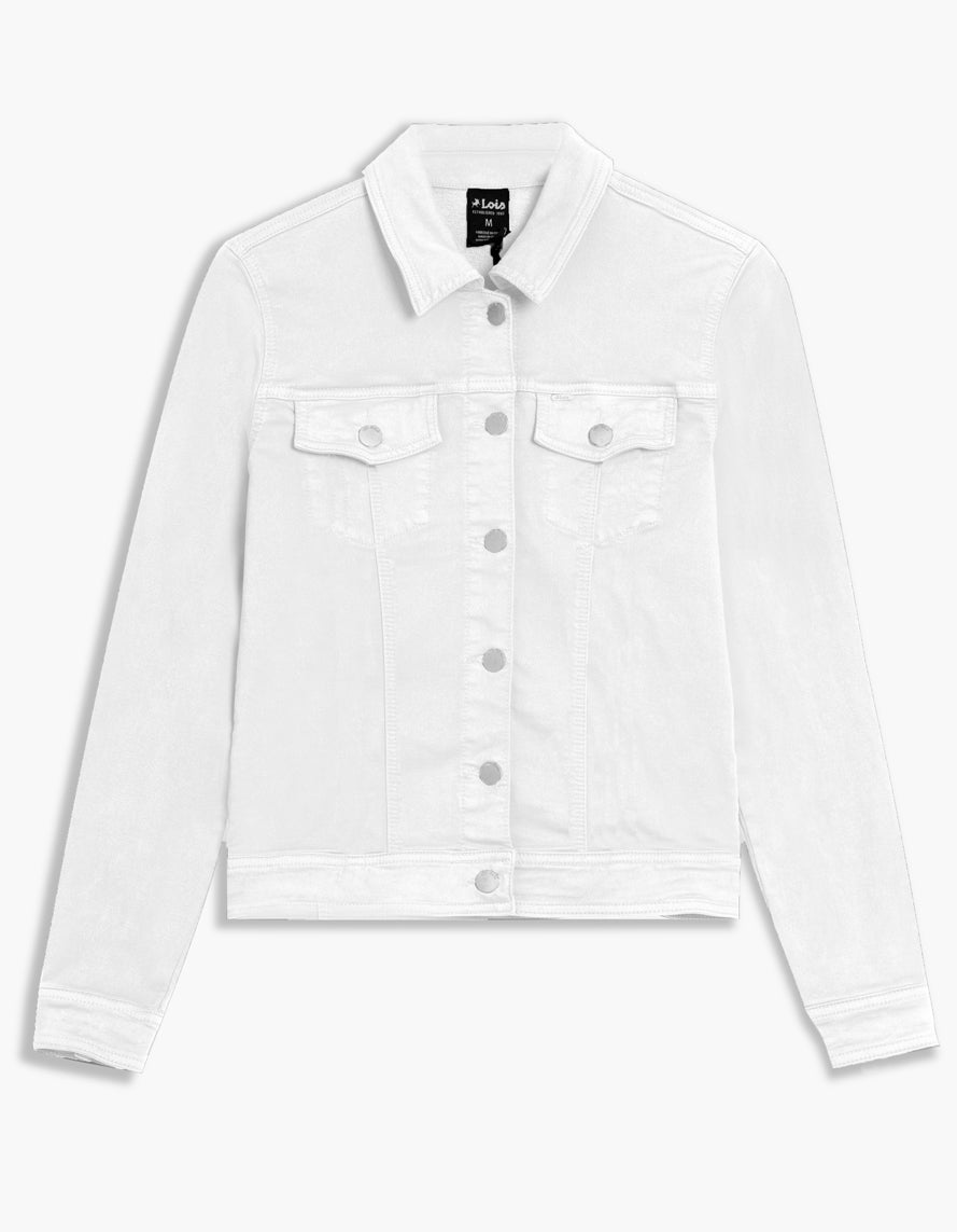 Lois Brenda Relaxed Stretch Denim Jacket in white, classic button-front denim outerwear by Lois.