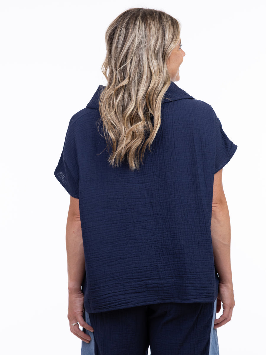 Back view of navy top with cotton gauze texture in Shannon Passero Valetta Cotton Gauze Denim Mix Cowl Top by SHANNON PASSERO INC
