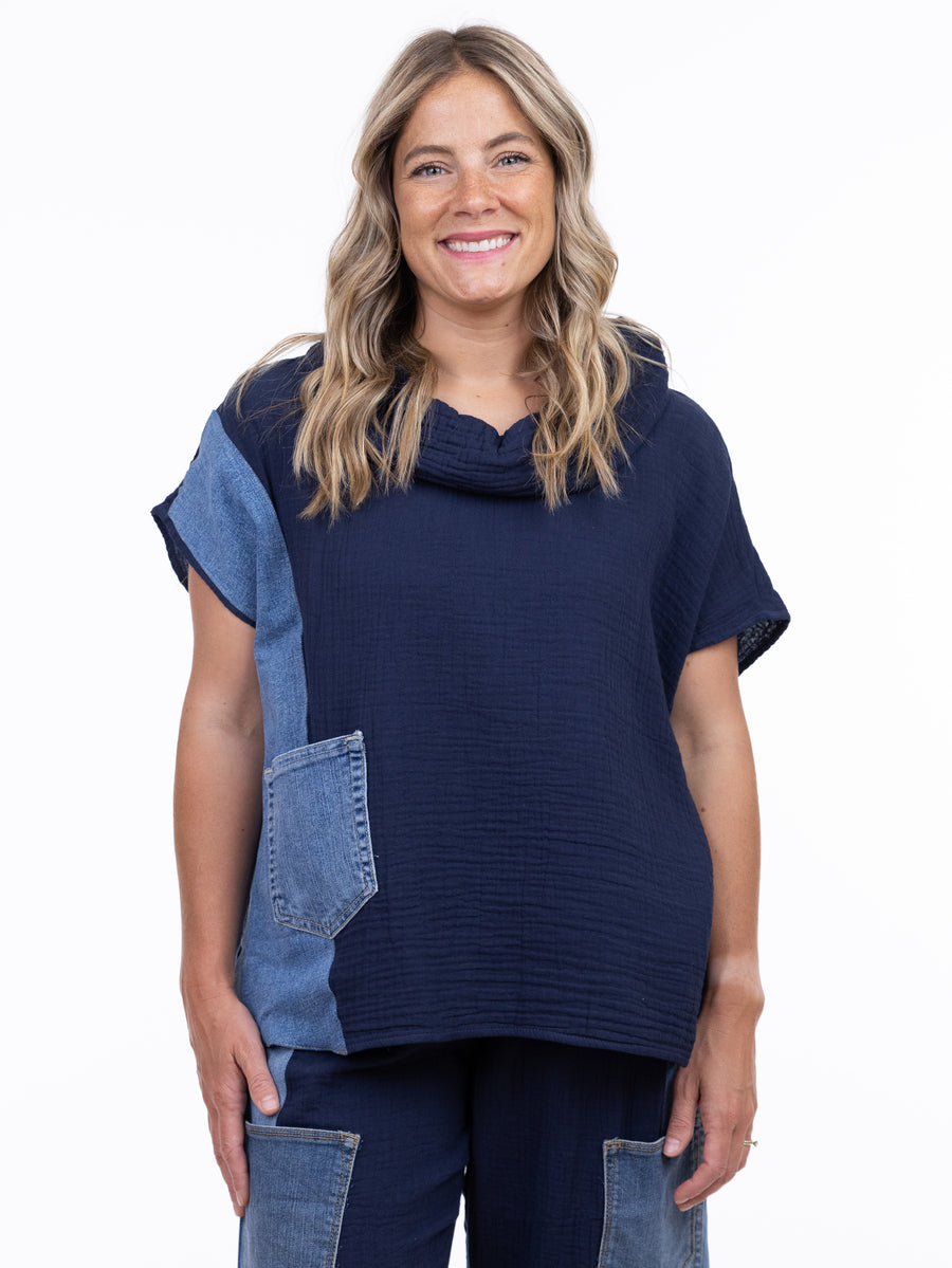 Shannon Passero Valetta Cotton Gauze Denim Mix Cowl Top in navy with denim accents by SHANNON PASSERO INC, casual cotton top