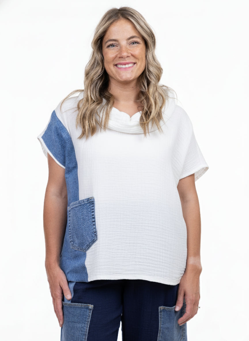 Shannon Passero Valetta Cotton Gauze Denim Mix Cowl Top with denim pocket detail by SHANNON PASSERO INC