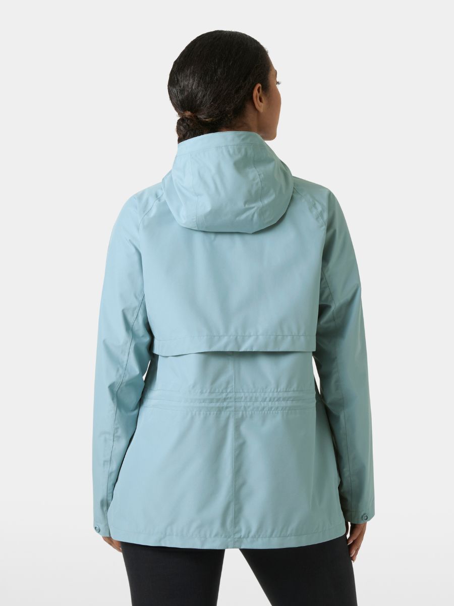 Light blue hooded rain jacket with back vent detail, worn over black bottoms against a plain background.