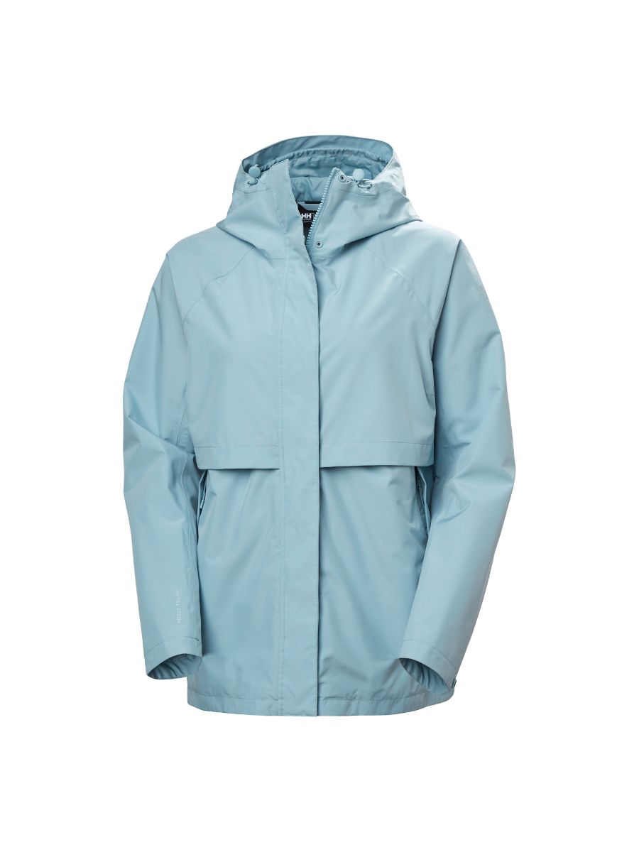 Light blue hooded waterproof jacket with zipper and storm flap, designed for outdoor wear.