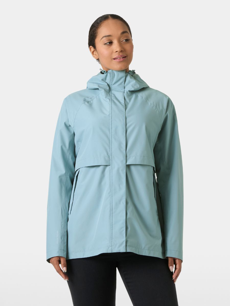 Helly Hansen Sienna Hooded Rain Jacket in light blue, waterproof outerwear with zipped pockets and adjustable hood