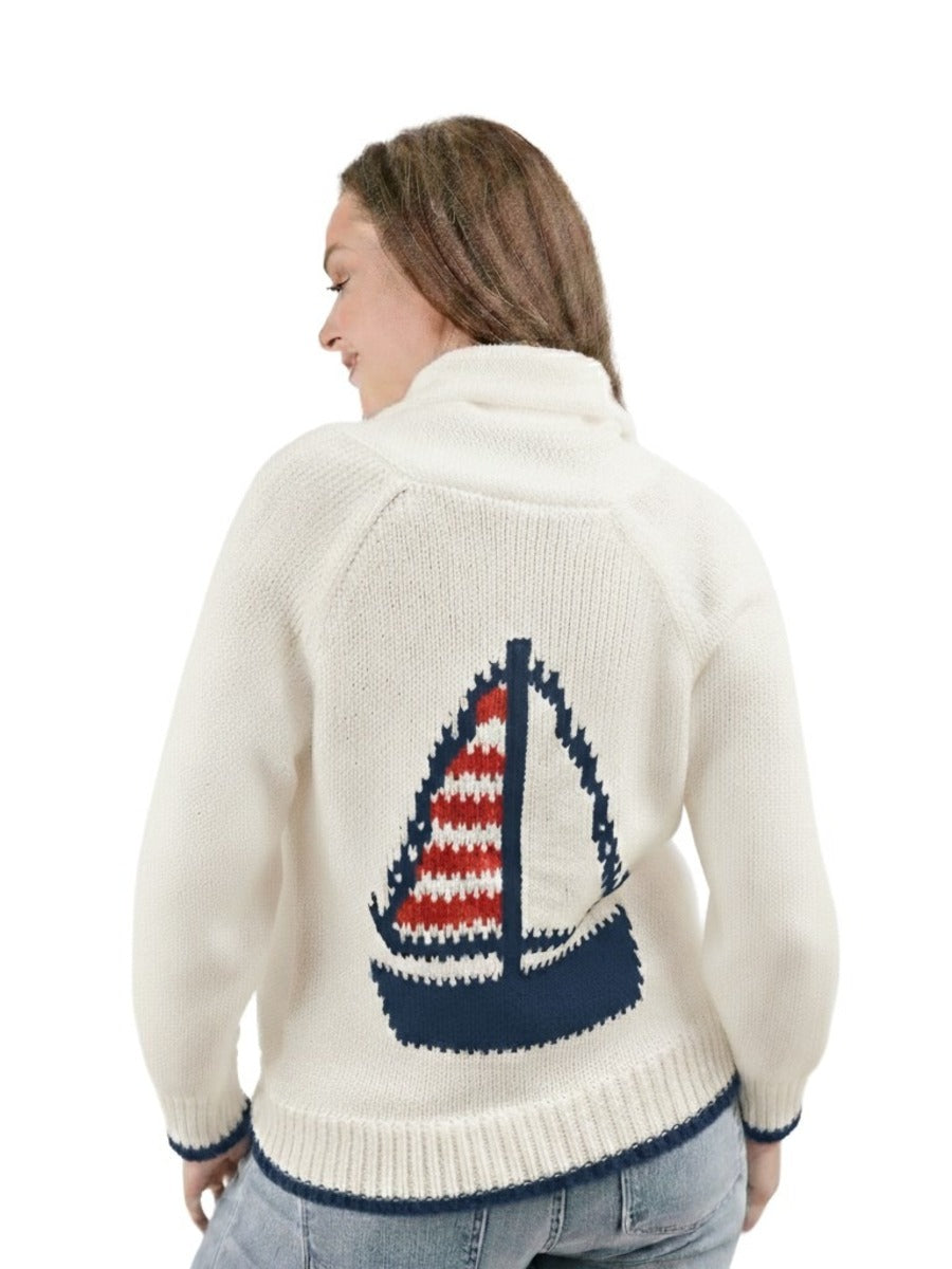 Shannon Passero Seaside Sailing Cardigan in cream with a sailboat design by SHANNON PASSERO INC, cozy outerwear sweater.