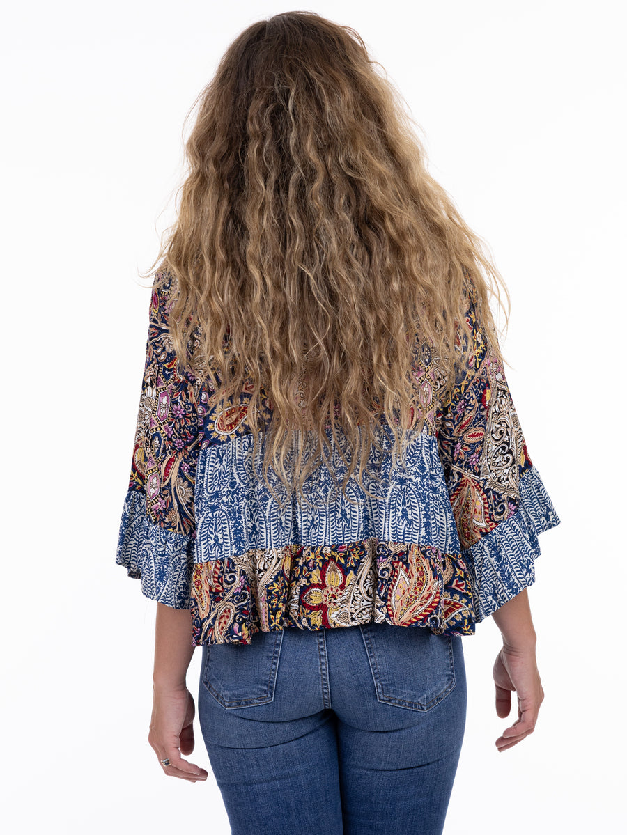 Back view of Shannon Passero Tiffany Tiered Denim Trim Cardigan with mixed patterns and denim trim by SHANNON PASSERO INC.