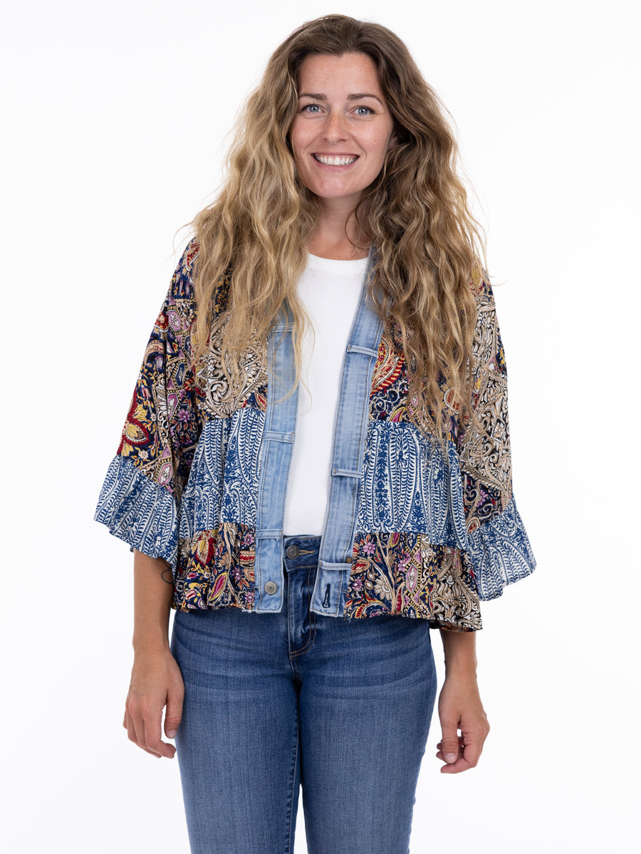 Shannon Passero Tiffany Tiered Denim Trim Cardigan by SHANNON PASSERO INC with patterned fabric and denim accents.