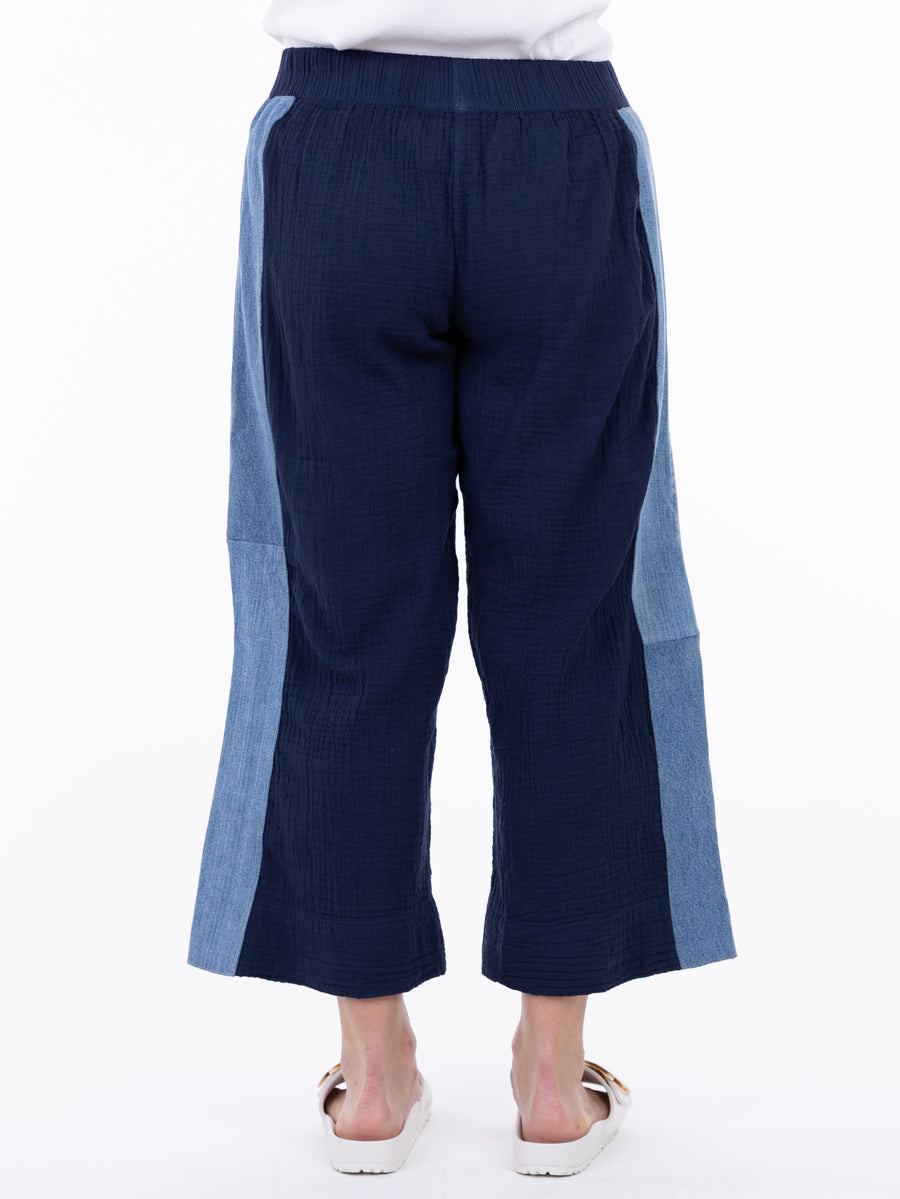 Shannon Passero Wisteria Boho Denim Mix Crop Pant in navy and light denim by SHANNON PASSERO INC displayed from back