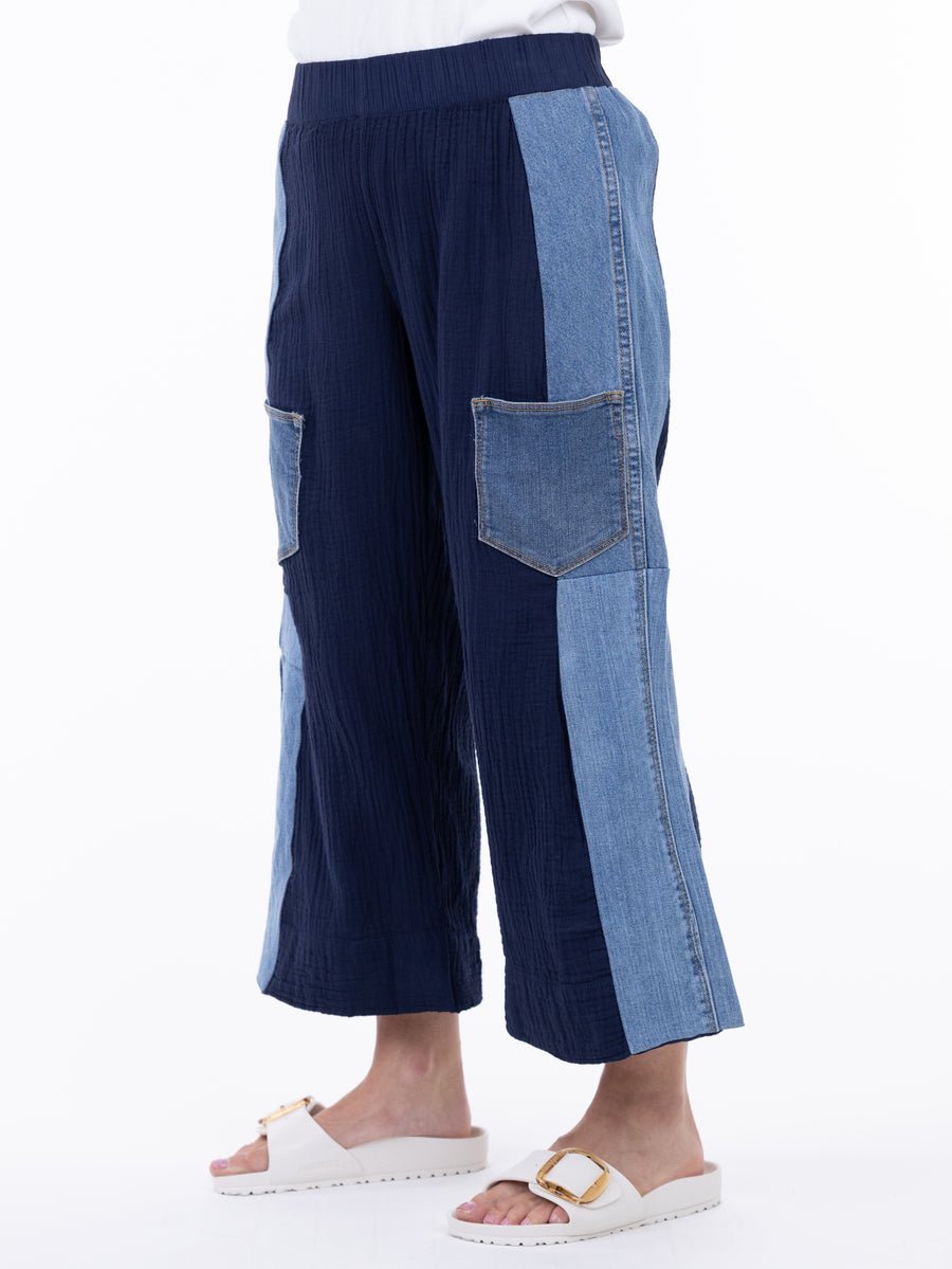 Shannon Passero Wisteria Boho Denim Mix Crop Pant by SHANNON PASSERO INC in navy with denim patch pockets and side panels