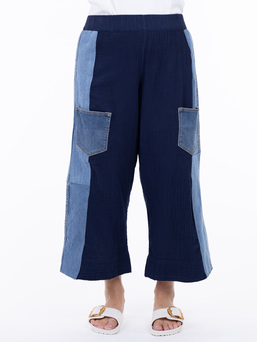 Shannon Passero Wisteria Boho Denim Mix Crop Pant in navy and light denim with front patch pockets by SHANNON PASSERO INC