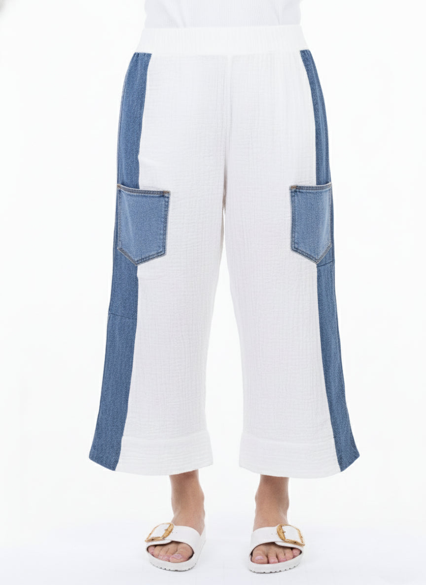 Shannon Passero Wisteria Boho Denim Mix Crop Pant featuring white fabric with blue denim side panels by SHANNON PASSERO INC