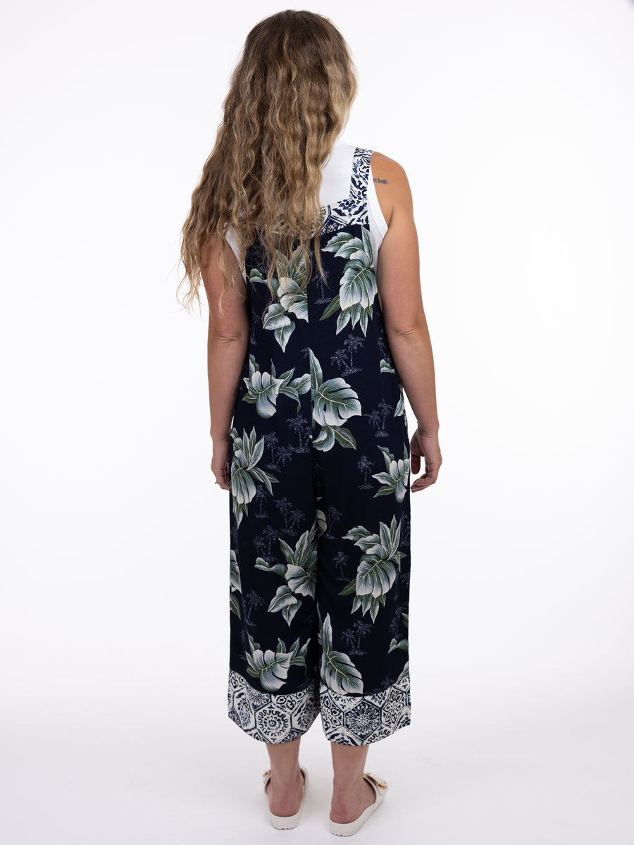 Back view of Shannon Passero Elora Print Overall with navy floral and geometric details by SHANNON PASSERO INC