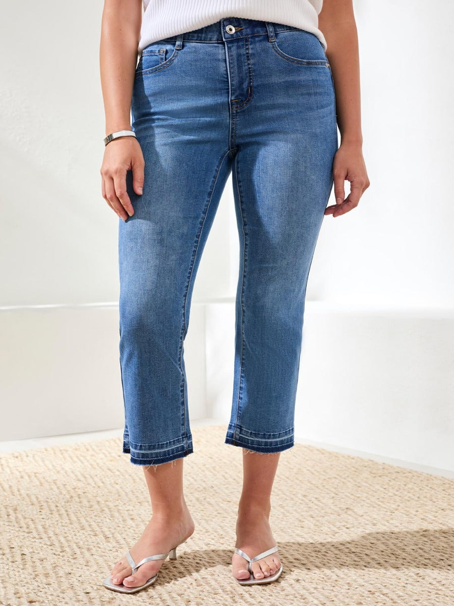 Front view of Tribal Sophia Flare 26" Denim Pants in blue wash by Tribal Sportswear Inc.