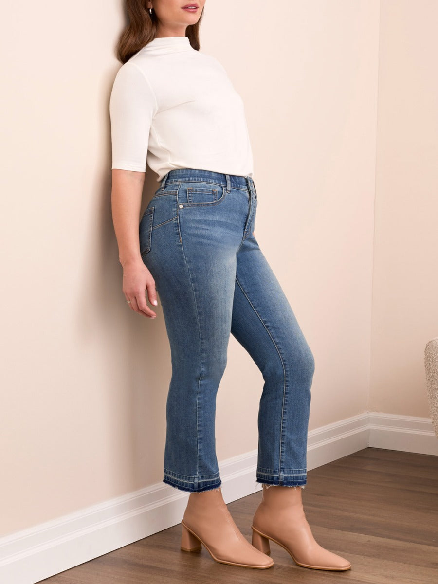 Tribal Sophia Flare 26" Denim Pants by Tribal Sportswear Inc. in medium blue with a flare leg and classic fit