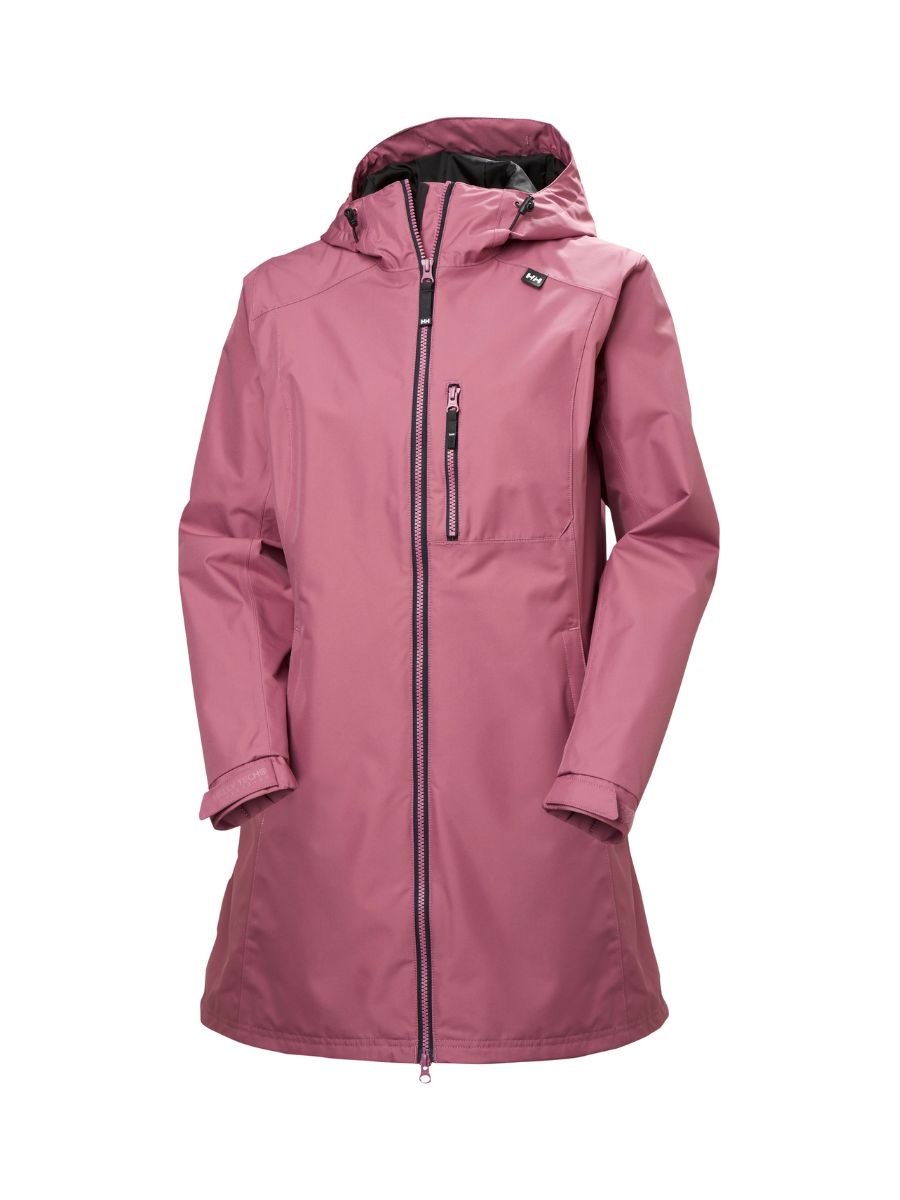Rose-colored long hooded waterproof jacket with front zipper and zippered chest pocket