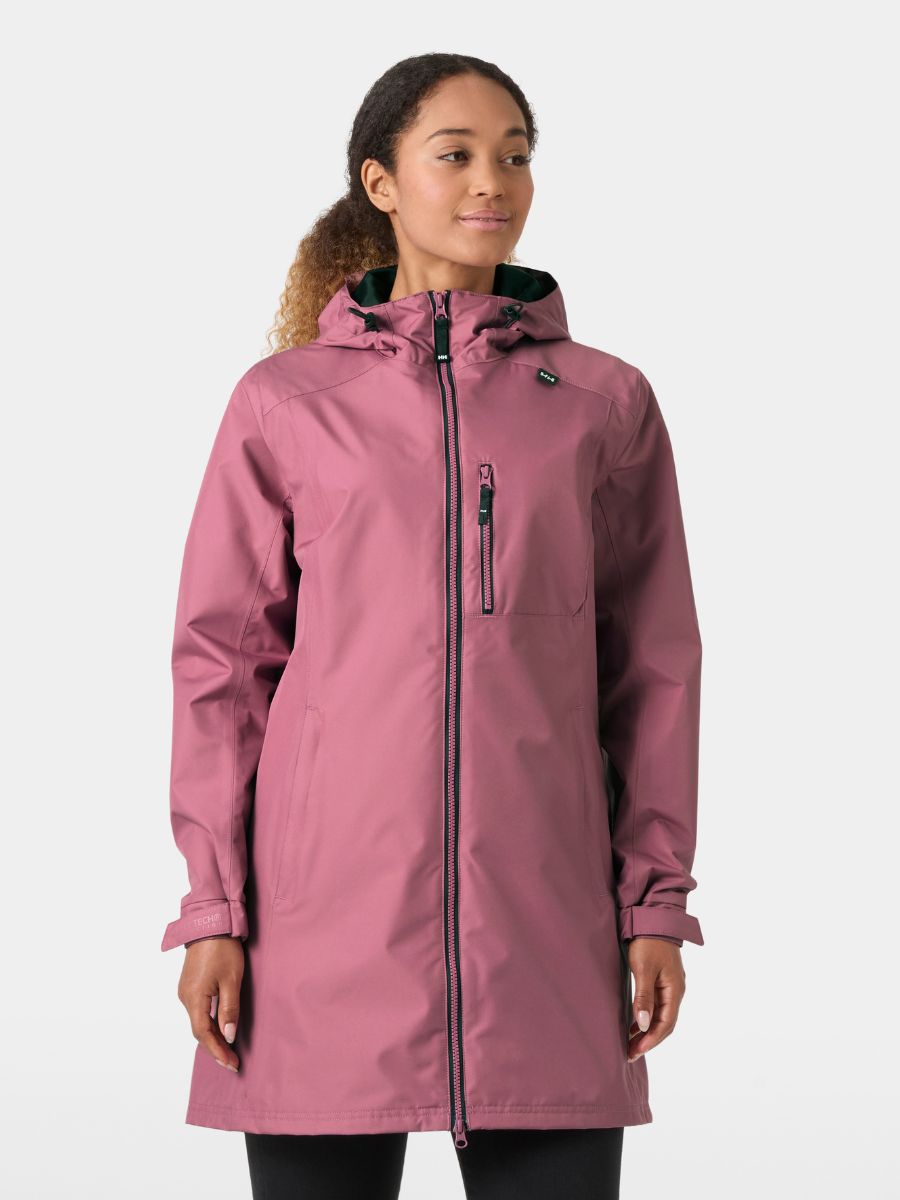 Helly Hansen Belfast ¾ Jacket in berry pink with hood, long sleeves, zip pockets, and water-resistant outerwear design.
