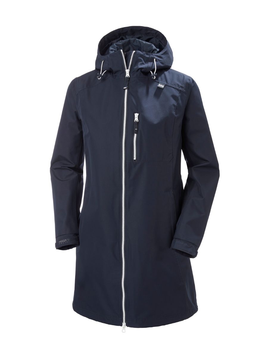 Navy blue long hooded coat with front zipper and zippered chest pocket on white background