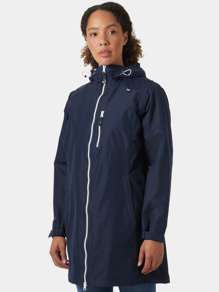 Navy Helly Hansen Belfast ¾ Jacket with hood and white front zipper, designed as lightweight outerwear coat.