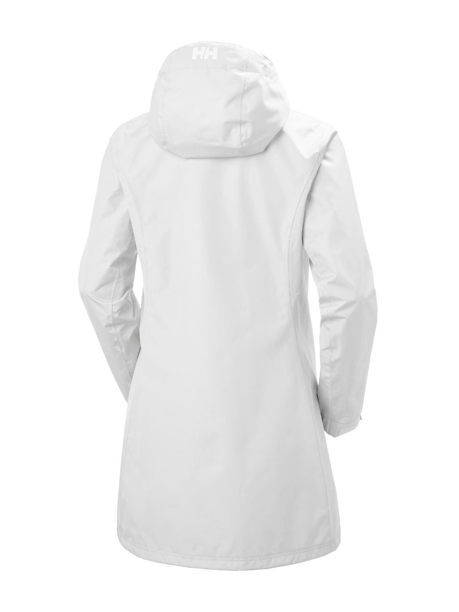 White long waterproof jacket with a hood shown from the back against a white background.